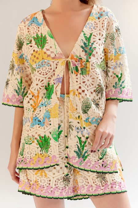 NOIB Multi Color Cotton V-neck Crochet Shirt at Aza Fashions NOIB_Multi Color Cotton V-neck Crochet Shirt _at_Aza_Fashions