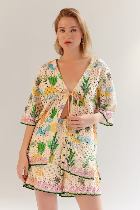 Buy NOIB Multi Color Cotton V-neck Crochet Shirt Buy_NOIB_Multi Color Cotton V-neck Crochet Shirt