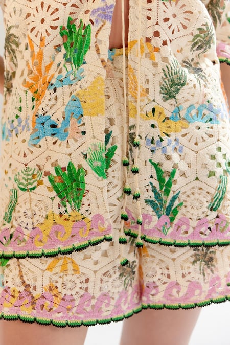 Shop NOIB Multi Color Cotton V-neck Crochet Shirt Shop_NOIB_Multi Color Cotton V-neck Crochet Shirt