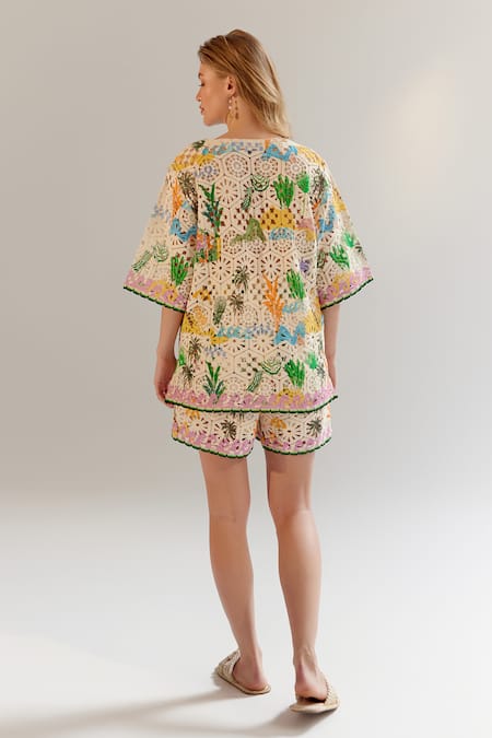 NOIB Multi Color Cotton V-neck Crochet Shirt Online at Aza Fashions NOIB_Multi Color Cotton V-neck Crochet Shirt _Online_at_Aza_Fashions