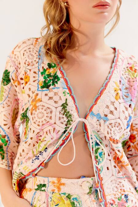 NOIB_Multi Color Cotton V-neck Crochet Anais Top _at_Aza_Fashions