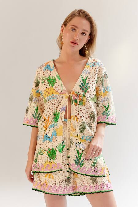 NOIB Multi Color Cotton Deya Crochet Multicolor Shorts Online at Aza Fashions NOIB_Multi Color Cotton Deya Crochet Multicolor Shorts _Online_at_Aza_Fashions