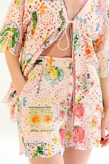 Buy_NOIB_Multi Color Cotton Embroidery Deya Crochet Shorts _Online_at_Aza_Fashions