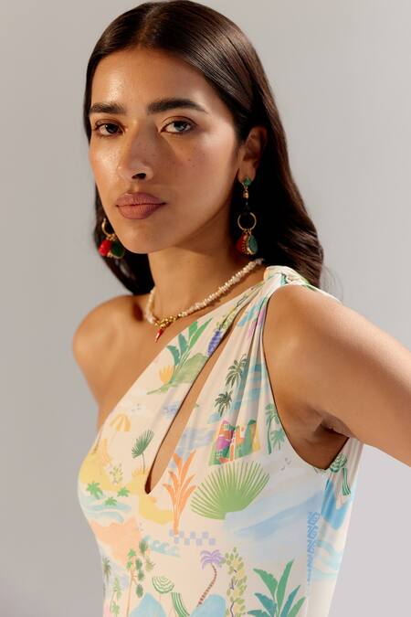 Buy_NOIB_Multi Color Nylon, Spandex Asymmetric, One Gaia Monokini Swimsuit - By The Sea_Online_at_Aza_Fashions