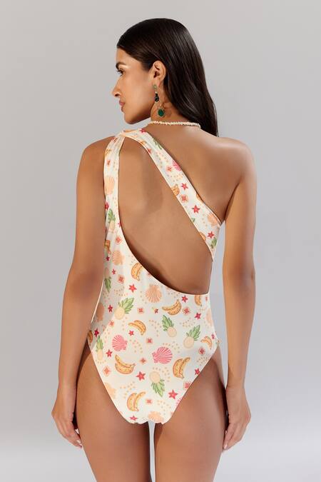 Shop NOIB Multi Color Nylon, Spandex Asymmetric Gaia Seashell Print Monokini at Aza Fashions Shop_NOIB_Multi Color Nylon, Spandex Asymmetric Gaia Seashell Print Monokini_at_Aza_Fashions