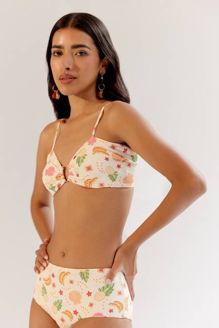 NOIB Cream Nylon, Spandex Plunge Neck Ida Bikini Set - Seashell Online at Aza Fashions NOIB_Cream Nylon, Spandex Plunge Neck Ida Bikini Set - Seashell_Online_at_Aza_Fashions