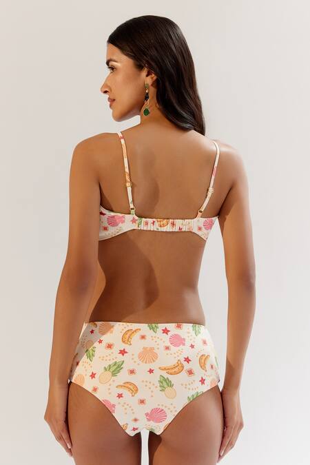 Shop NOIB Cream Nylon, Spandex Plunge Neck Ida Bikini Set - Seashell at Aza Fashions Shop_NOIB_Cream Nylon, Spandex Plunge Neck Ida Bikini Set - Seashell_at_Aza_Fashions