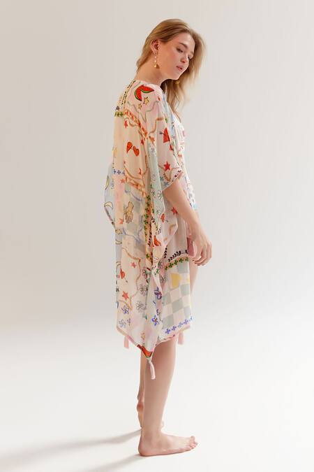 Buy_NOIB_Multi Color Viscose Tassels Open Neck Digital Print Cover Up _Online_at_Aza_Fashions