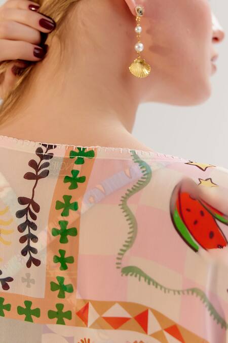 NOIB_Multi Color Viscose Tassels Open Neck Digital Print Cover Up _at_Aza_Fashions