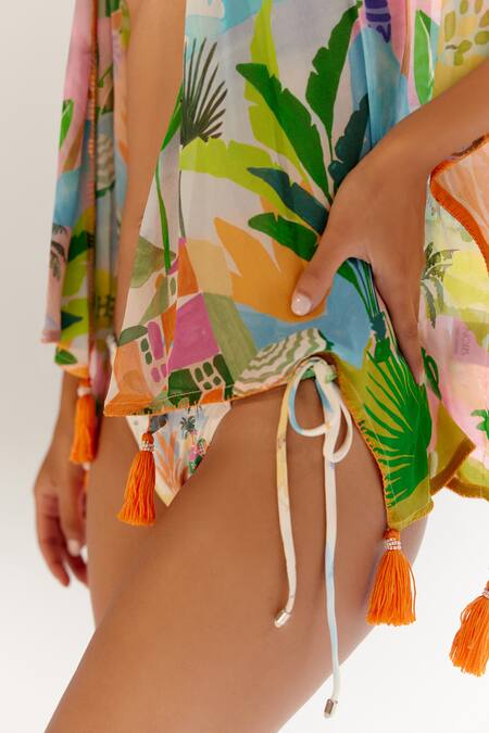 NOIB Multi Color Viscose, Georgette Tassels Open June Designer Cover Up - By The Sea Online at Aza Fashions NOIB_Multi Color Viscose, Georgette Tassels Open June Designer Cover Up - By The Sea _Online_at_Aza_Fashions