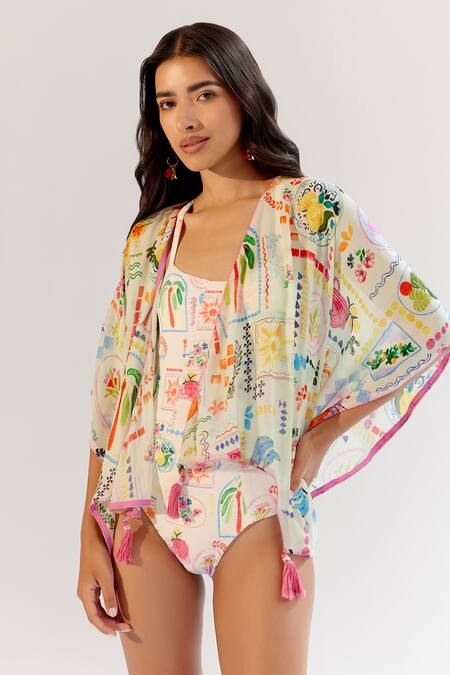 Shop NOIB Multi Color Viscose, Georgette Tassels Open June Designer Cover Up - By The Sea Online at Aza Fashions Shop_NOIB_Multi Color Viscose, Georgette Tassels Open June Designer Cover Up - By The Sea _Online_at_Aza_Fashions
