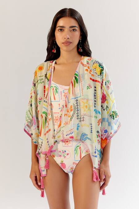 NOIB_Multi Color Open Neck June Postcard Print Cover Up _Online_at_Aza_Fashions