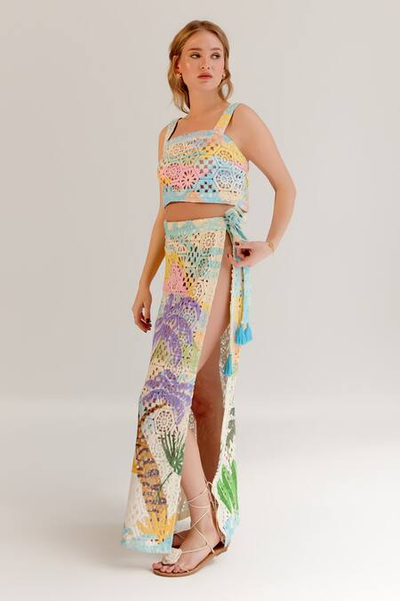 Buy_NOIB_Multi Color Cotton Tassels Magda Crochet Long Skirt _Online_at_Aza_Fashions