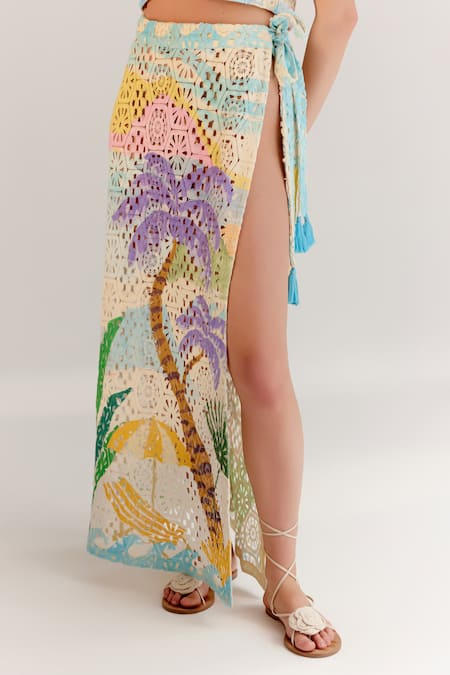 Shop_NOIB_Multi Color Cotton Tassels Magda Crochet Long Skirt _Online_at_Aza_Fashions