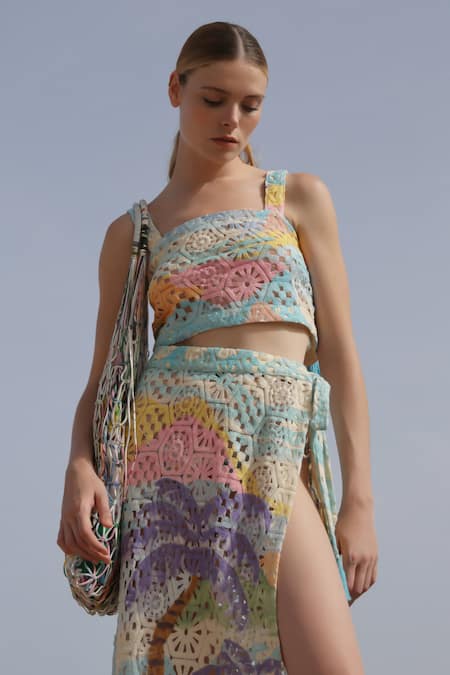 NOIB_Multi Color Cotton Tassels Magda Crochet Long Skirt _at_Aza_Fashions