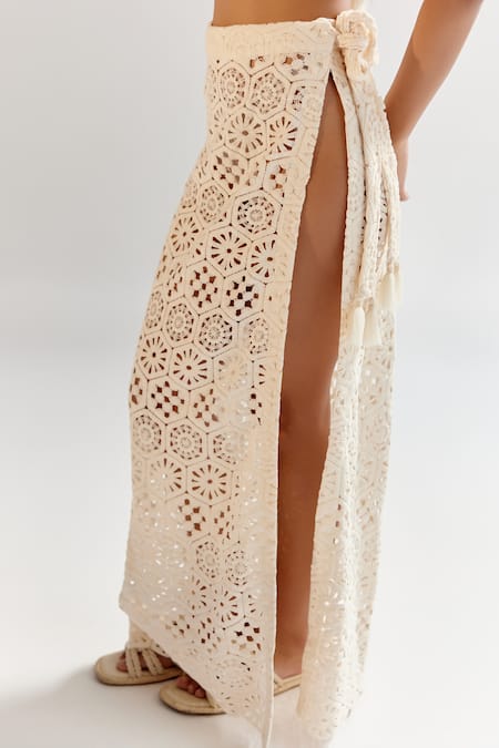 NOIB_White Cotton Crochet Long Skirt _at_Aza_Fashions