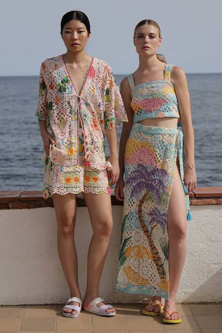 Buy_NOIB_Multi Color Cotton Square Neck Crochet Crop Top _Online_at_Aza_Fashions