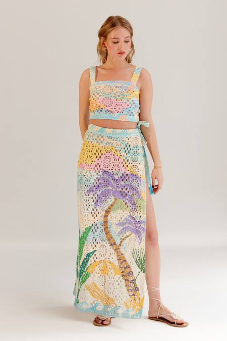 NOIB_Multi Color Cotton Square Neck Crochet Crop Top _at_Aza_Fashions