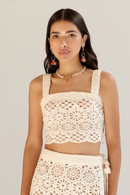 NOIB_White Cotton Square Neck Crochet Crop Top _at_Aza_Fashions