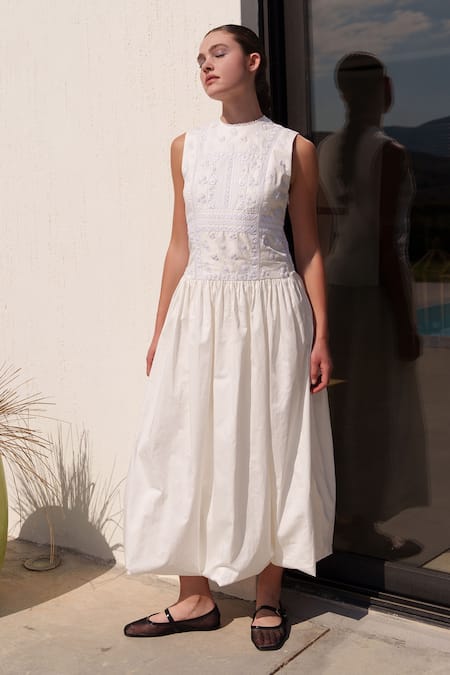 Shop Shruti Sancheti White Poplin Embroidery Round Neck Midi Dress at Aza Fashions Shop_Shruti Sancheti_White Poplin Embroidery Round Neck Midi Dress _at_Aza_Fashions