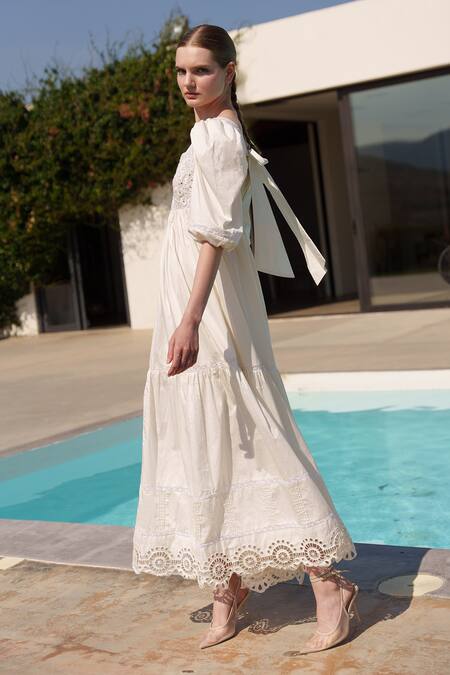 Buy Shruti Sancheti White Poplin Embroidery Square Neck Midi Dress Online at Aza Fashions Buy_Shruti Sancheti_White Poplin Embroidery Square Neck Midi Dress _Online_at_Aza_Fashions