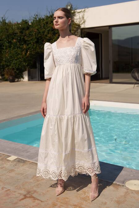 Shop Shruti Sancheti White Poplin Embroidery Square Neck Midi Dress Online at Aza Fashions Shop_Shruti Sancheti_White Poplin Embroidery Square Neck Midi Dress _Online_at_Aza_Fashions