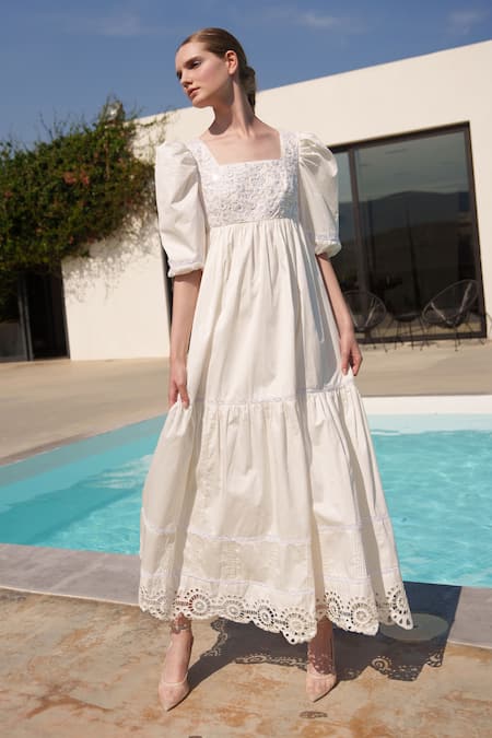 Shruti Sancheti White Poplin Embroidery Square Neck Midi Dress at Aza Fashions Shruti Sancheti_White Poplin Embroidery Square Neck Midi Dress _at_Aza_Fashions