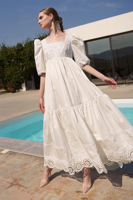 Buy Shruti Sancheti White Poplin Embroidery Square Neck Midi Dress Buy_Shruti Sancheti_White Poplin Embroidery Square Neck Midi Dress