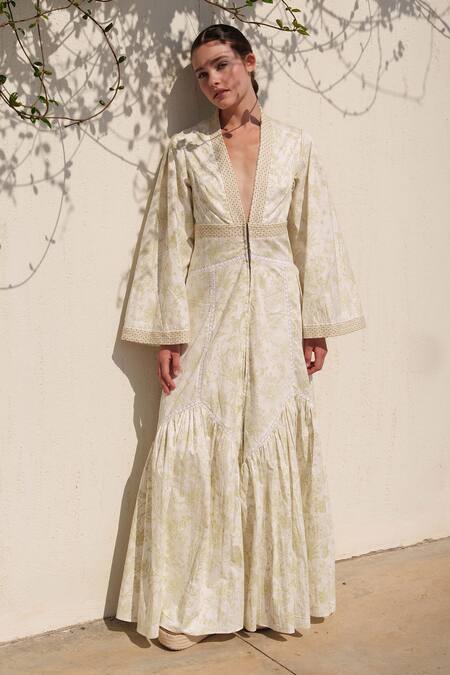 Buy_Shruti Sancheti_White Poplin Embroidery V-neck Maxi Dress _Online_at_Aza_Fashions