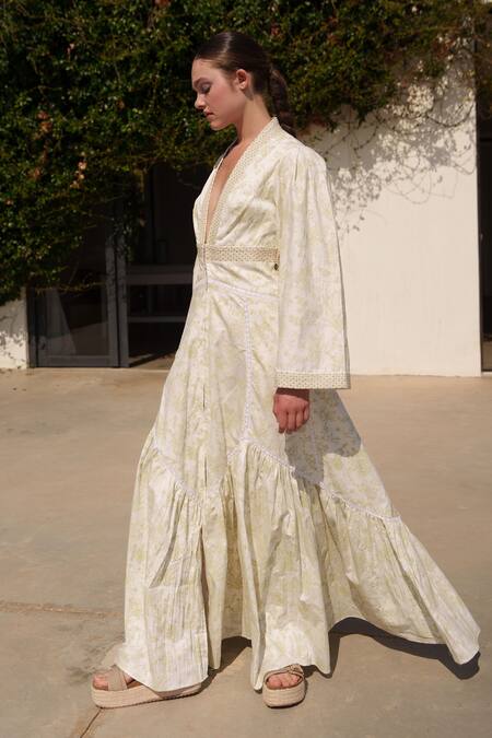 Shruti Sancheti_White Poplin Embroidery V-neck Maxi Dress _at_Aza_Fashions