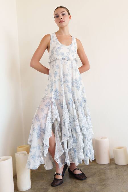 Shruti Sancheti White Cotton Scoop Neck Floral Printed Midi Dress Online at Aza Fashions Shruti Sancheti_White Cotton Scoop Neck Floral Printed Midi Dress _Online_at_Aza_Fashions