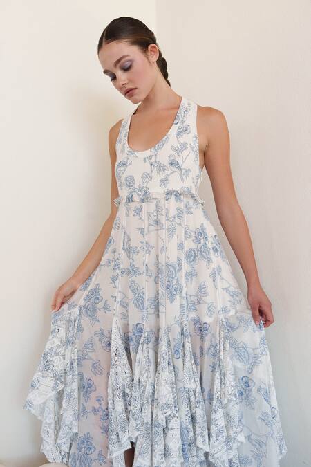 Buy Shruti Sancheti White Cotton Scoop Neck Floral Printed Midi Dress Online at Aza Fashions Buy_Shruti Sancheti_White Cotton Scoop Neck Floral Printed Midi Dress _Online_at_Aza_Fashions