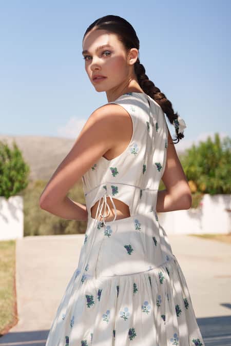 Shop Shruti Sancheti White Poplin Embroidery Round Neck Midi Dress at Aza Fashions Shop_Shruti Sancheti_White Poplin Embroidery Round Neck Midi Dress _at_Aza_Fashions