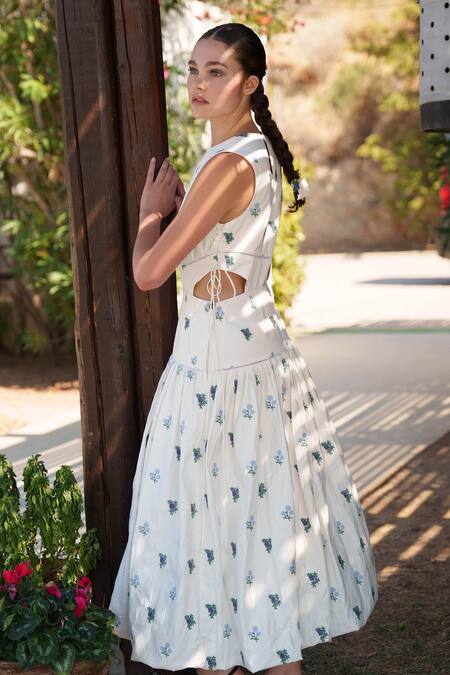 Shruti Sancheti White Poplin Embroidery Round Neck Midi Dress Online at Aza Fashions Shruti Sancheti_White Poplin Embroidery Round Neck Midi Dress _Online_at_Aza_Fashions