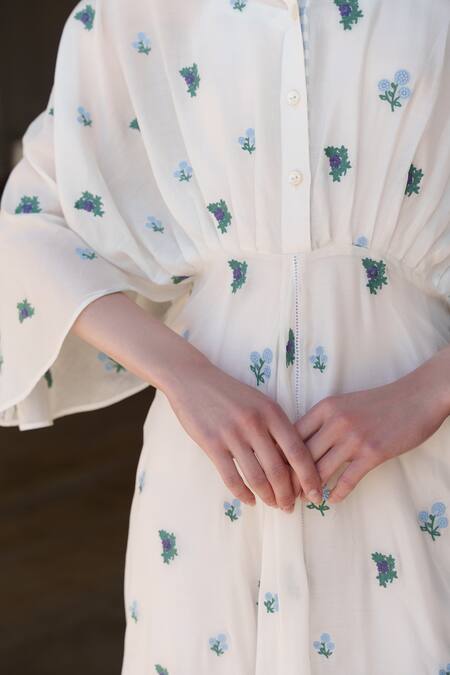 Shruti Sancheti_White Muslin Embroidery Collared Midi Dress _Online_at_Aza_Fashions