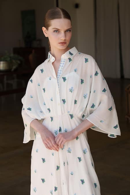 Buy_Shruti Sancheti_White Muslin Embroidery Collared Midi Dress _Online_at_Aza_Fashions