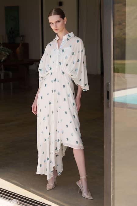 Shop_Shruti Sancheti_White Muslin Embroidery Collared Midi Dress _Online_at_Aza_Fashions