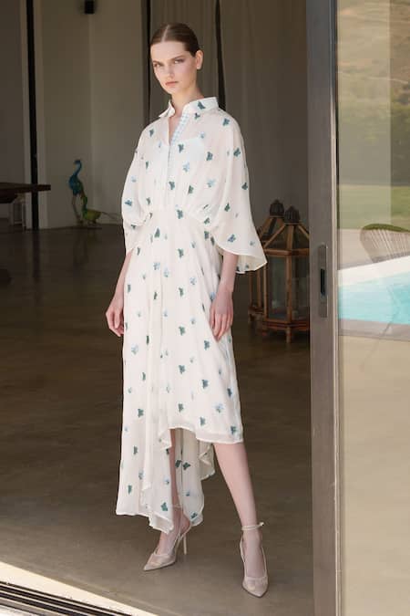 Shop_Shruti Sancheti_White Muslin Embroidery Collared Midi Dress _at_Aza_Fashions