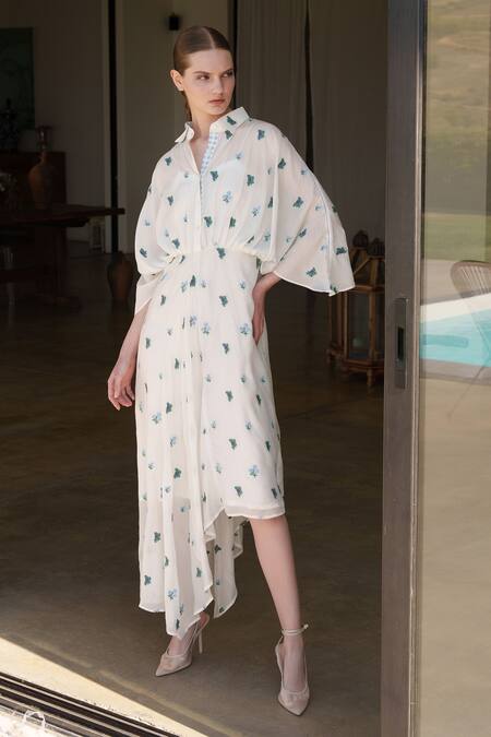 Shruti Sancheti_White Muslin Embroidery Collared Midi Dress _at_Aza_Fashions