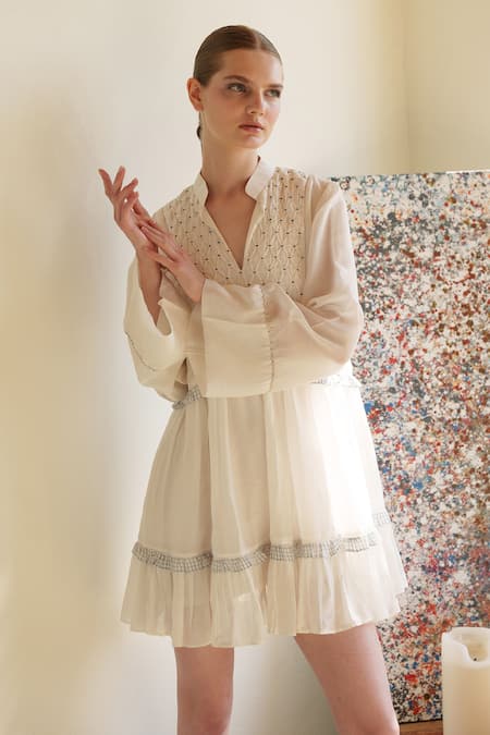 Buy Shruti Sancheti White Muslin Embroidery V-neck Short Dress Online at Aza Fashions Buy_Shruti Sancheti_White Muslin Embroidery V-neck Short Dress _Online_at_Aza_Fashions