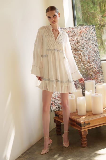 Shop Shruti Sancheti White Muslin Embroidery V-neck Short Dress at Aza Fashions Shop_Shruti Sancheti_White Muslin Embroidery V-neck Short Dress _at_Aza_Fashions