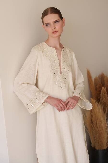 Shruti Sancheti_White Linen Embroidery Split V-neck Maxi Dress _Online_at_Aza_Fashions