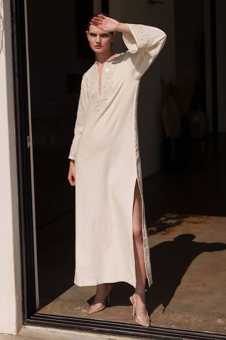 Shop_Shruti Sancheti_White Linen Embroidery Split V-neck Maxi Dress _at_Aza_Fashions