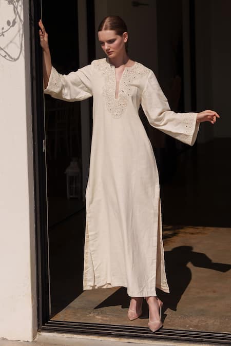 Buy_Shruti Sancheti_White Linen Embroidery Split V-neck Maxi Dress _Online_at_Aza_Fashions