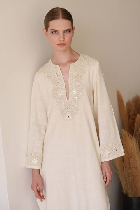 Shop_Shruti Sancheti_White Linen Embroidery Split V-neck Maxi Dress _Online_at_Aza_Fashions