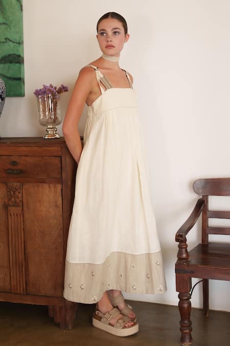 Shop Shruti Sancheti White Linen Embroidery Square Neck Midi Dress at Aza Fashions Shop_Shruti Sancheti_White Linen Embroidery Square Neck Midi Dress _at_Aza_Fashions