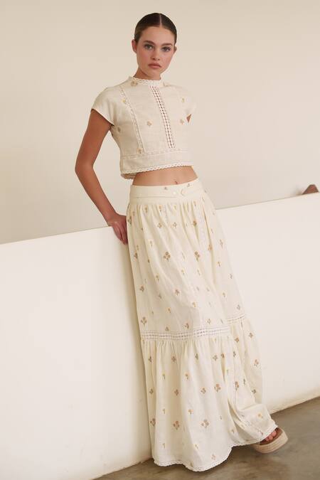 Shruti Sancheti White Linen Embroidery High Neck Crop Top And Skirt Set Online at Aza Fashions Shruti Sancheti_White Linen Embroidery High Neck Crop Top And Skirt Set _Online_at_Aza_Fashions