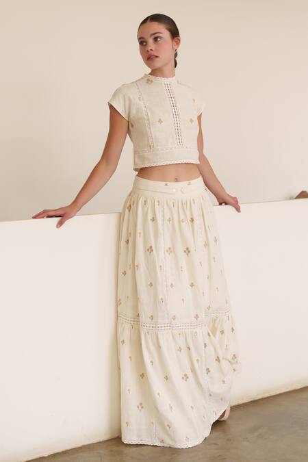 Buy Shruti Sancheti White Linen Embroidery High Neck Crop Top And Skirt Set Online at Aza Fashions Buy_Shruti Sancheti_White Linen Embroidery High Neck Crop Top And Skirt Set _Online_at_Aza_Fashions