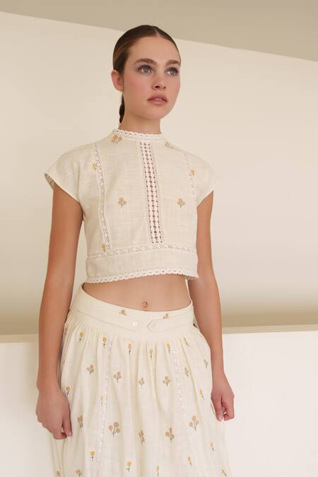 Shruti Sancheti White Linen Embroidery High Neck Crop Top And Skirt Set at Aza Fashions Shruti Sancheti_White Linen Embroidery High Neck Crop Top And Skirt Set _at_Aza_Fashions