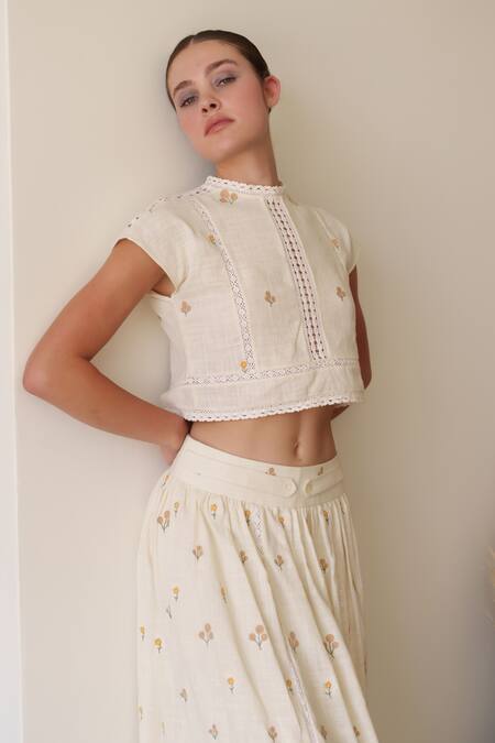 Buy Shruti Sancheti White Linen Embroidery High Neck Crop Top And Skirt Set Buy_Shruti Sancheti_White Linen Embroidery High Neck Crop Top And Skirt Set
